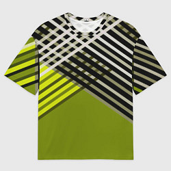 Футболка оверсайз мужская Косые черно-белые полосы на оливковом фоне, цвет: 3D-принт