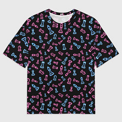 Мужская футболка оверсайз Неоновые розовые и голубые шахматные фигуры на чер