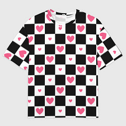 Мужская футболка оверсайз Розовые сердечки на фоне шахматной черно-белой дос