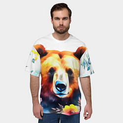 Футболка оверсайз мужская Морда медведя гризли с цветами акварелью, цвет: 3D-принт — фото 2