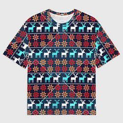 Футболка оверсайз мужская Новогодние олени и снежинки узор, цвет: 3D-принт