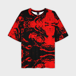 Мужская футболка оверсайз Черный дракон на красном небе
