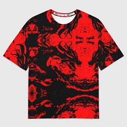 Мужская футболка оверсайз Черный дракон на красном небе