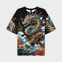 Мужская футболка оверсайз Дракон на волнах в японском стиле арт
