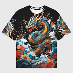 Мужская футболка оверсайз Дракон на волнах в японском стиле арт