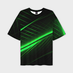 Футболка оверсайз мужская Зеленые полосы на черном фоне, цвет: 3D-принт