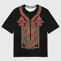 Мужская футболка оверсайз Растительный цветочный орнамент - красные розы на