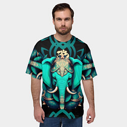 Футболка оверсайз мужская Бирюзовый слон с узорами и лотосом, цвет: 3D-принт — фото 2
