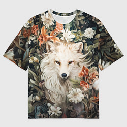 Футболка оверсайз мужская Белая лисица в кустах цветов, цвет: 3D-принт