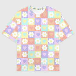Футболка оверсайз мужская Сердечки и цветочки в пастельных квадратах, цвет: 3D-принт