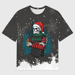 Футболка оверсайз мужская Скелет Санты с бутылкой, цвет: 3D-принт