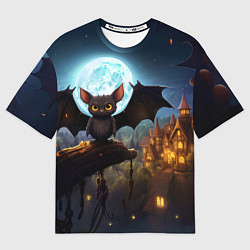 Мужская футболка оверсайз Летучая мышка на фоне луны и замка
