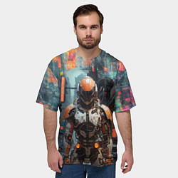 Футболка оверсайз мужская Киборг в оранжевых тонах, цвет: 3D-принт — фото 2