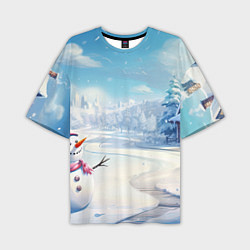 Мужская футболка оверсайз Новогодний пейзаж снеговик