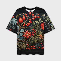 Мужская футболка оверсайз Новогодние ягоды и цветы