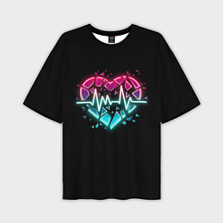 Мужская футболка оверсайз Разбитое сердце с линией пульса со свечением