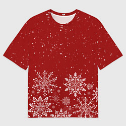 Мужская футболка оверсайз Текстура снежинок на красном фоне