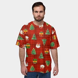 Футболка оверсайз мужская Елочки и Санта - паттерн красная клетка, цвет: 3D-принт — фото 2