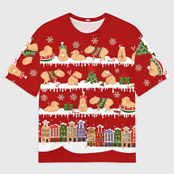 Футболка оверсайз мужская Капибара с семьей на Новый год, цвет: 3D-принт