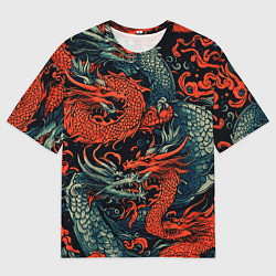 Мужская футболка оверсайз Красный и серый дракон