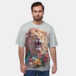 Футболка оверсайз мужская Голова льва в цветах на холсте, цвет: 3D-принт — фото 2