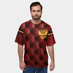 Футболка оверсайз мужская Золотой герб России на красном кожаном фоне, цвет: 3D-принт — фото 2