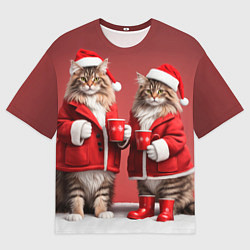 Мужская футболка оверсайз С новым котом - два кота в костюмах Санты
