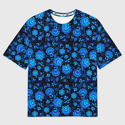 Мужская футболка оверсайз Новогодняя гжельская роспись чёрный фон