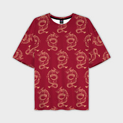 Мужская футболка оверсайз Китайский дракон на красном фоне