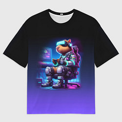 Футболка оверсайз мужская Капибара в виртуальном шлеме - киберпанк, цвет: 3D-принт