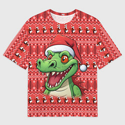 Футболка оверсайз мужская Зеленый дракон на красном новогоднем фоне, цвет: 3D-принт