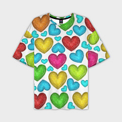 Мужская футболка оверсайз Сердца нарисованные цветными карандашами