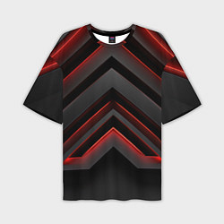 Футболка оверсайз мужская Красные яркие неоновые полосы на черной абстракции, цвет: 3D-принт
