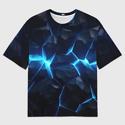 Футболка оверсайз мужская Синий неоновый разлом черной абстракции, цвет: 3D-принт