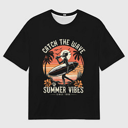 Футболка оверсайз мужская Скелет серфингист на пляже, цвет: 3D-принт