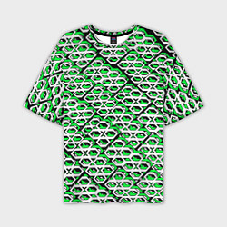 Футболка оверсайз мужская Зелёно-белый узор на чёрном фоне, цвет: 3D-принт