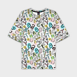 Мужская футболка оверсайз Цветные каракули буквы алфавита