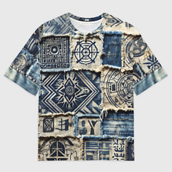Мужская футболка оверсайз Татуировки майя на дениме