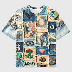 Мужская футболка оверсайз Баксы и девушки на дениме - пэчворк