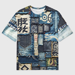 Мужская футболка оверсайз Иероглифы на пэчворк дениме