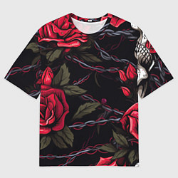 Мужская футболка оверсайз Череп и красные розы