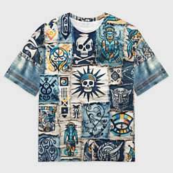 Мужская футболка оверсайз Пэчворк деним с пиратами