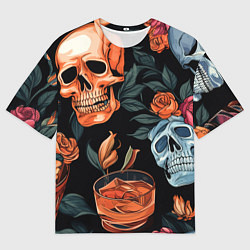 Мужская футболка оверсайз Кусты черепов с розами и пионами
