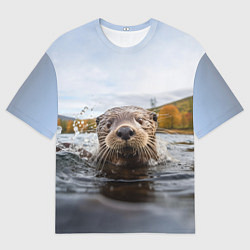 Мужская футболка оверсайз Выдра смотрит из воды