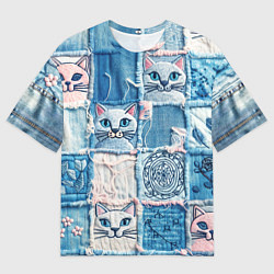 Мужская футболка оверсайз Кошки на пэчворк джинсах паттерн