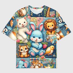 Футболка оверсайз мужская Funny hare and his friends - patchwork, цвет: 3D-принт