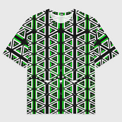 Мужская футболка оверсайз Бело-зелёные треугольники на чёрном фоне