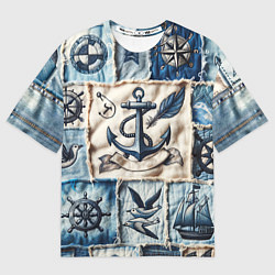 Мужская футболка оверсайз Пэчворк с якорем - джинсовка моряка