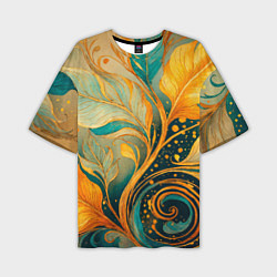 Мужская футболка оверсайз Золотые и бирюзовые листья абстракция