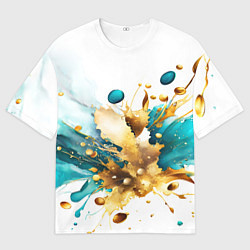 Футболка оверсайз мужская Бирюзово голубая абстракция, брызги краски на бело, цвет: 3D-принт
